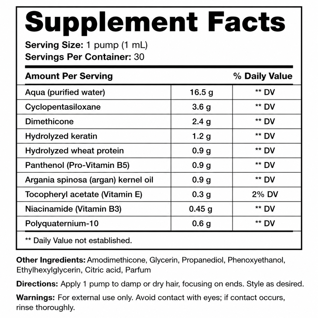 Strengthening Hair Serum — Supplement Facts