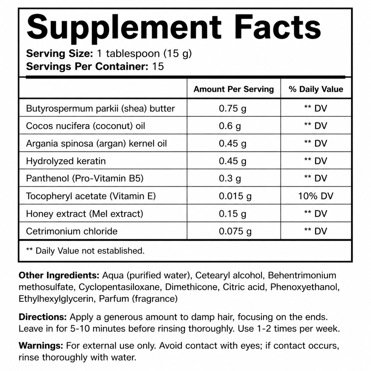 Hydrating Hair Mask — Supplement Facts