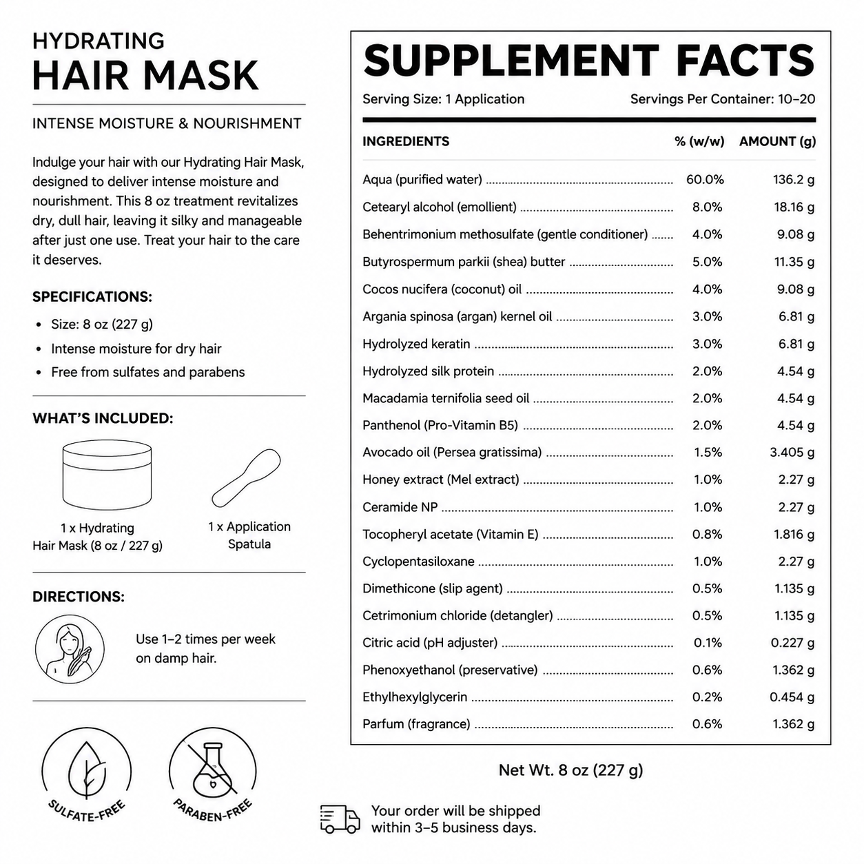 Hydrating Hair Mask — Supplement Facts
